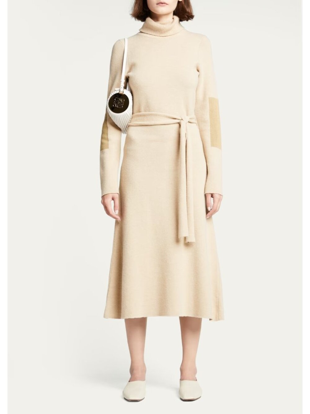 Victoria Beckham Tan Wool Blend Belted Turtleneck Sweater Dress, Size L $1150
